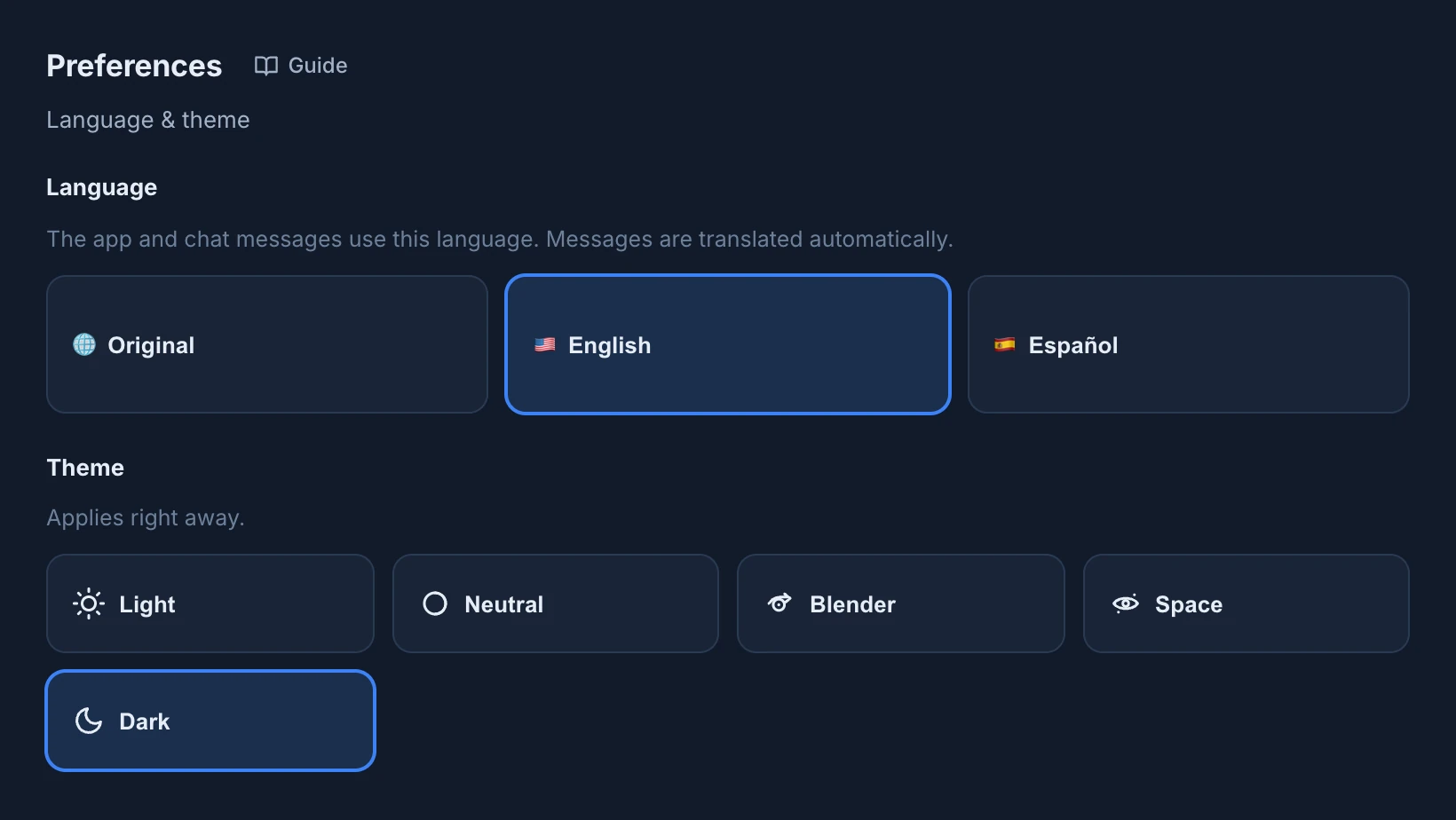Settings, My account, Preferences: Language with Original, English and Español, English selected, and Theme with Light, Neutral, Blender, Space and Dark, Dark selected