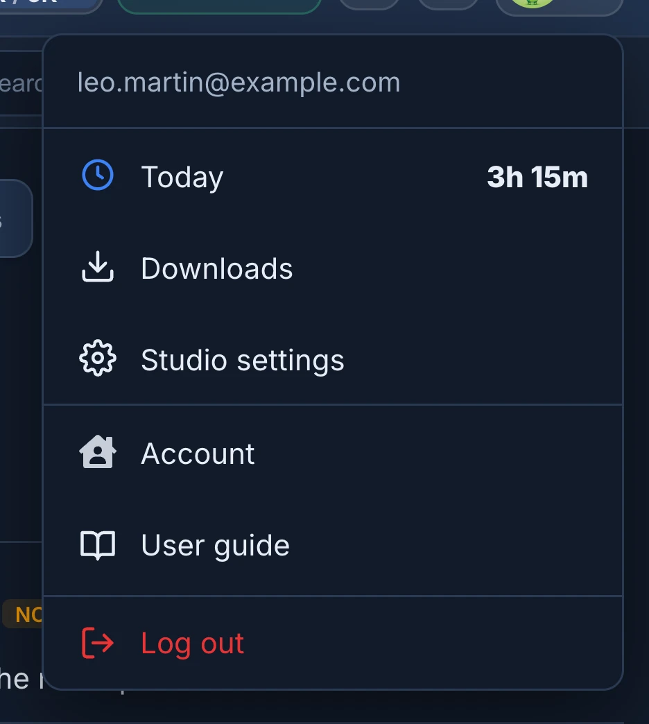 The profile menu open: leo.martin@example.com, Today with 3h 15m, Downloads, Studio settings, Account, User guide and Log out