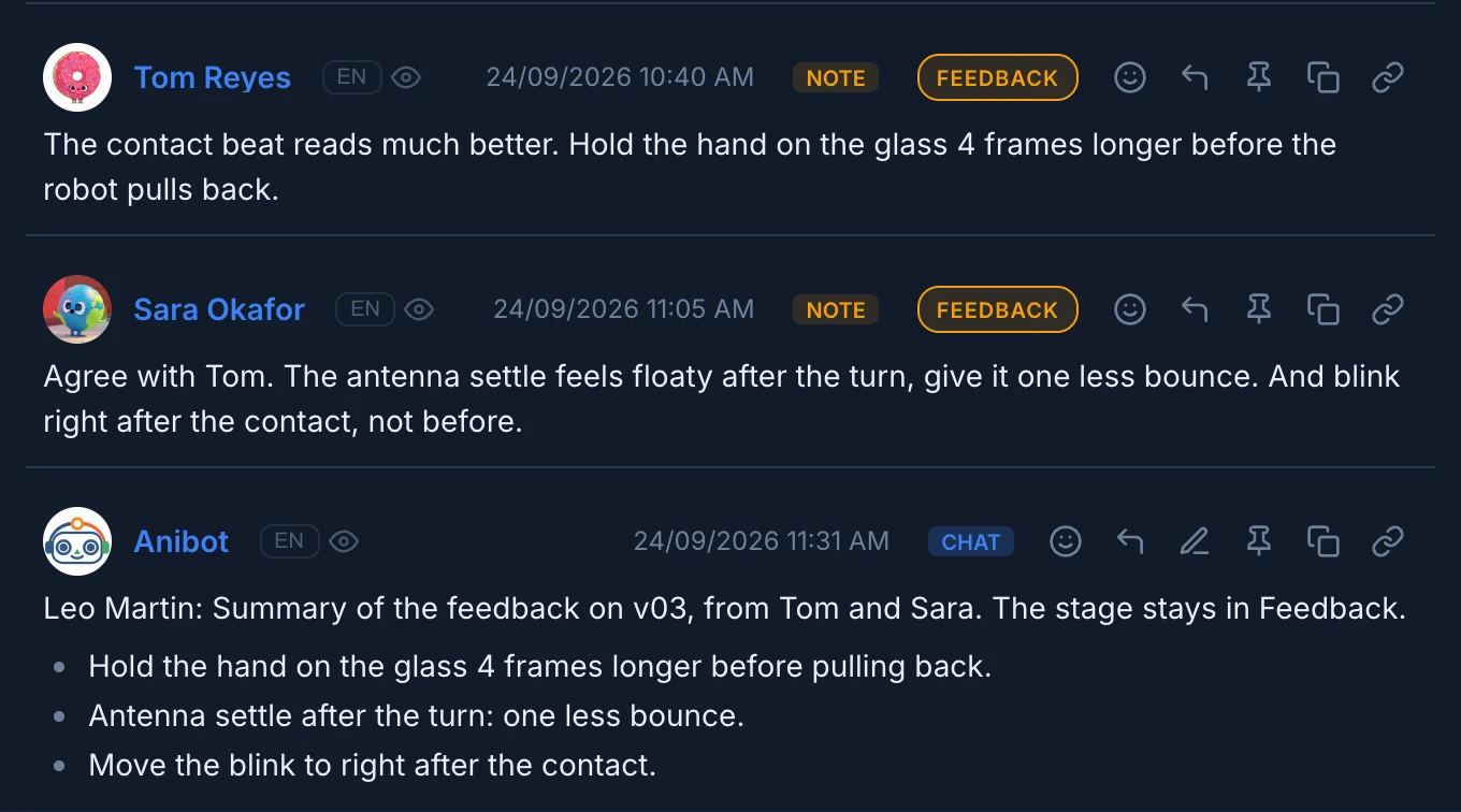 The chat of the Animation stage of shot SH030, where Anibot, for the person who asked, posts a summary of the feedback on version 3