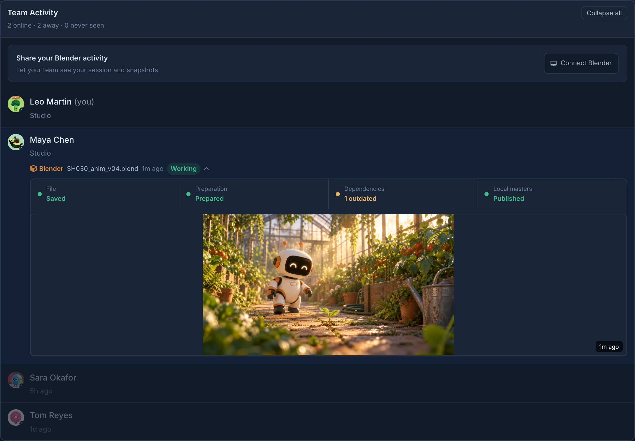 Team Activity with a teammate working in Blender on SH030_anim_v04.blend, the file saved and prepared, one outdated dependency and the last snapshot