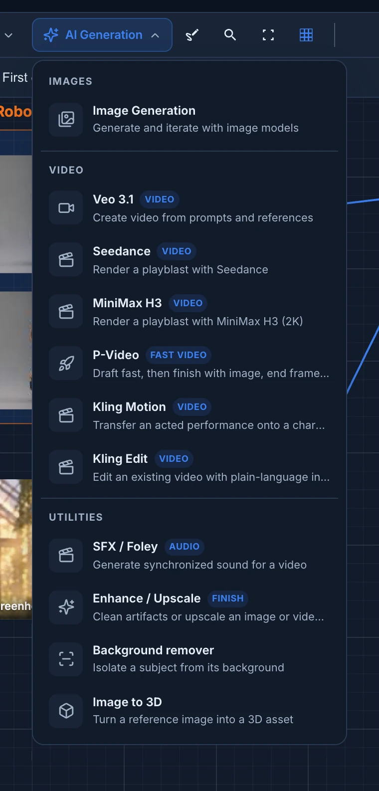 The AI Generation menu of the canvas toolbar open, with Image Generation under Images, six video models under Video, and SFX / Foley, Enhance / Upscale, Background remover and Image to 3D under Utilities