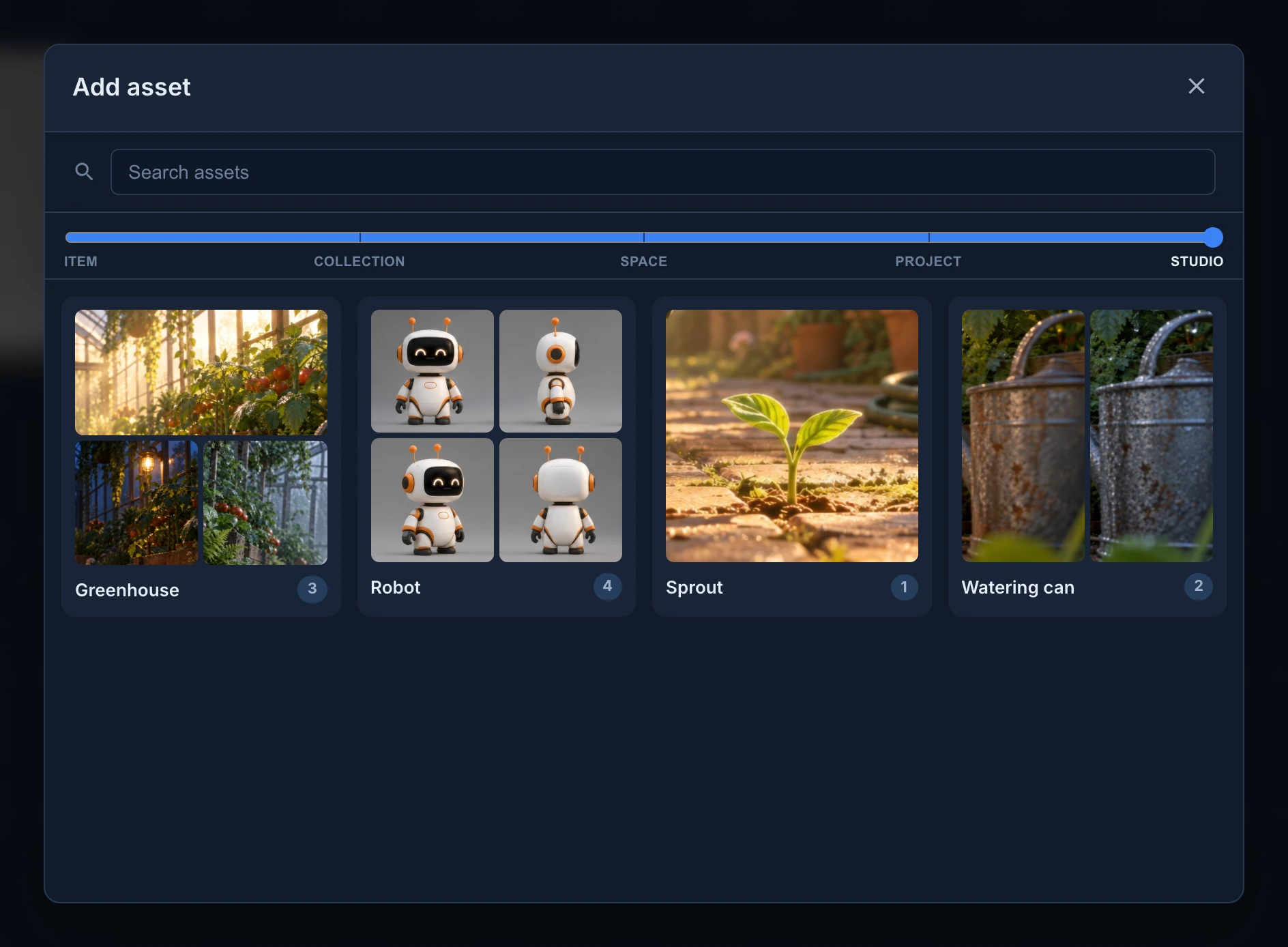 The Add asset dialog with a search box and the studio's assets, each with its thumbnails and its number of members