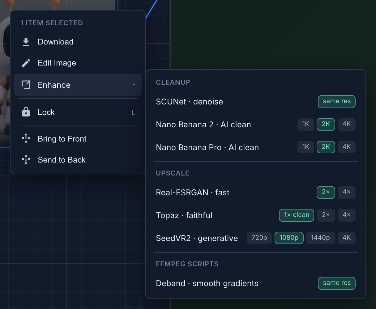 The right-click menu of the Robot picture with Enhance open: SCUNet denoise, Nano Banana 2 and Nano Banana Pro AI clean with 1K, 2K and 4K, Real-ESRGAN with 2x and 4x, Topaz with 1x clean, 2x and 4x, SeedVR2 from 720p to 4K, and Deband, the usual size of each highlighted
