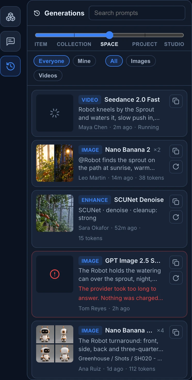The Generations panel of the SH030 canvas with the slider on Space: a Seedance video still running, two Nano Banana 2 images, a SCUNet clean-up, a failed GPT Image run with its reason, and a Robot turnaround made on SH020, each with its author, time and cost in tokens