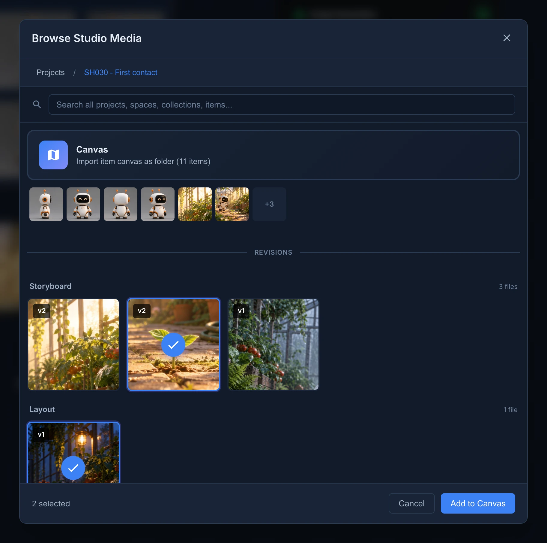 The Browse Studio Media dialog on SH030 First contact: the Canvas card to import the item's canvas as a folder, and the revisions of Storyboard, Layout and Animation with their version badges, two pictures chosen and Add to Canvas