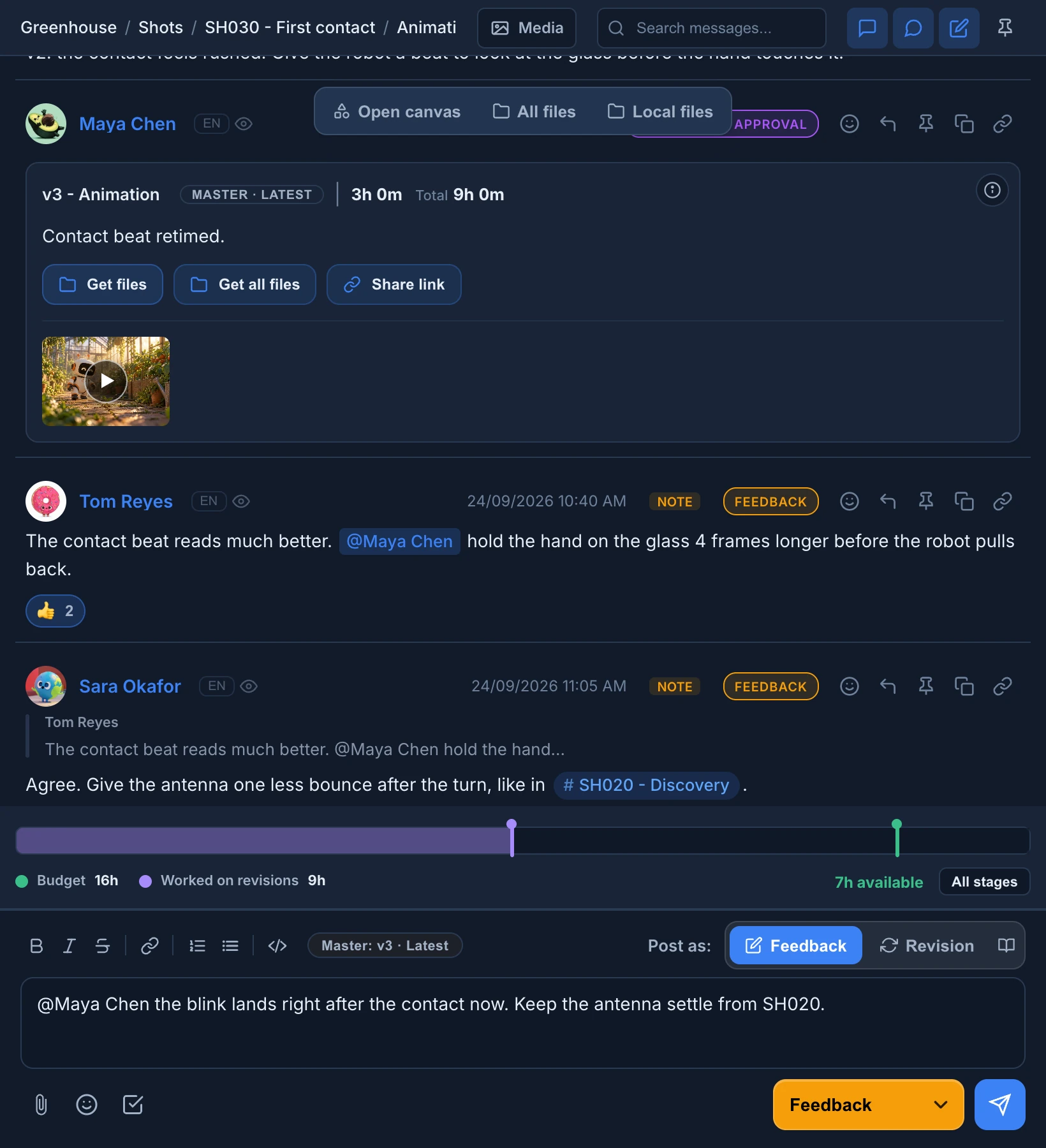 The Animation thread of SH030 with version 3, two notes with a mention, a reaction, a reply and a link to SH020, and a feedback note to Maya being written with the status Feedback