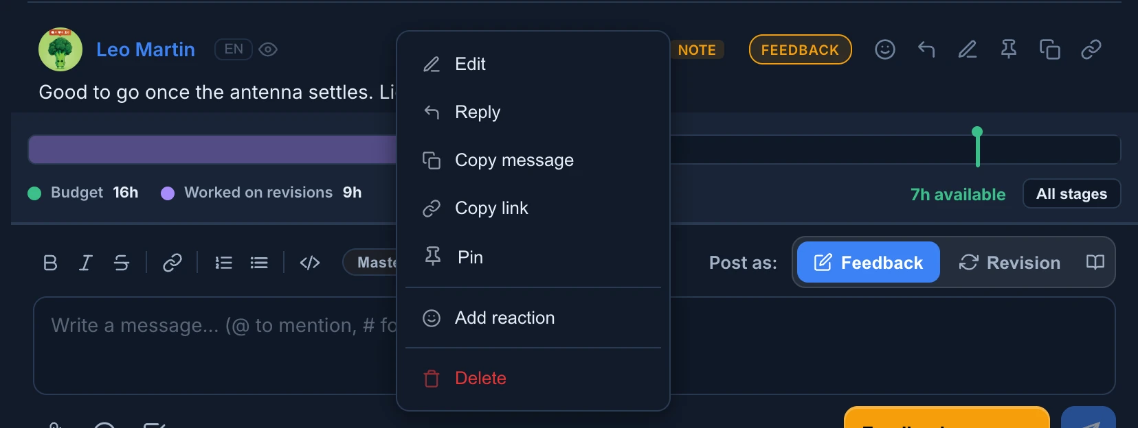 The right-click menu of Leo's own note with Edit, Reply, Copy message, Copy link, Pin, Add reaction and Delete