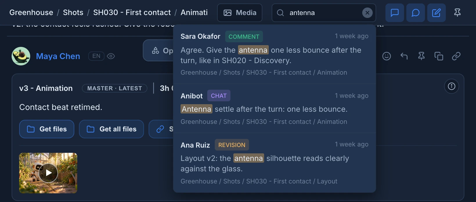 The chat search with the word antenna, showing a comment by Sara Okafor, a chat message by Anibot and a Layout revision by Ana Ruiz, each with its place in the production