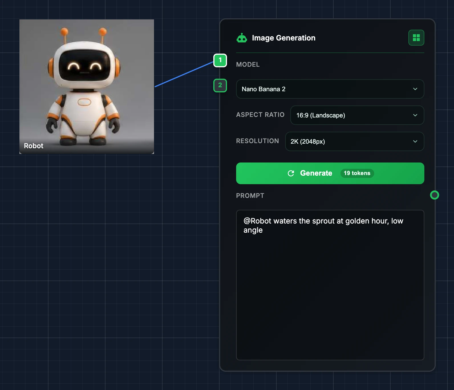 An image generator on the canvas set to Nano Banana 2 at 16:9 and 2K, with a prompt and the token cost on its Generate button