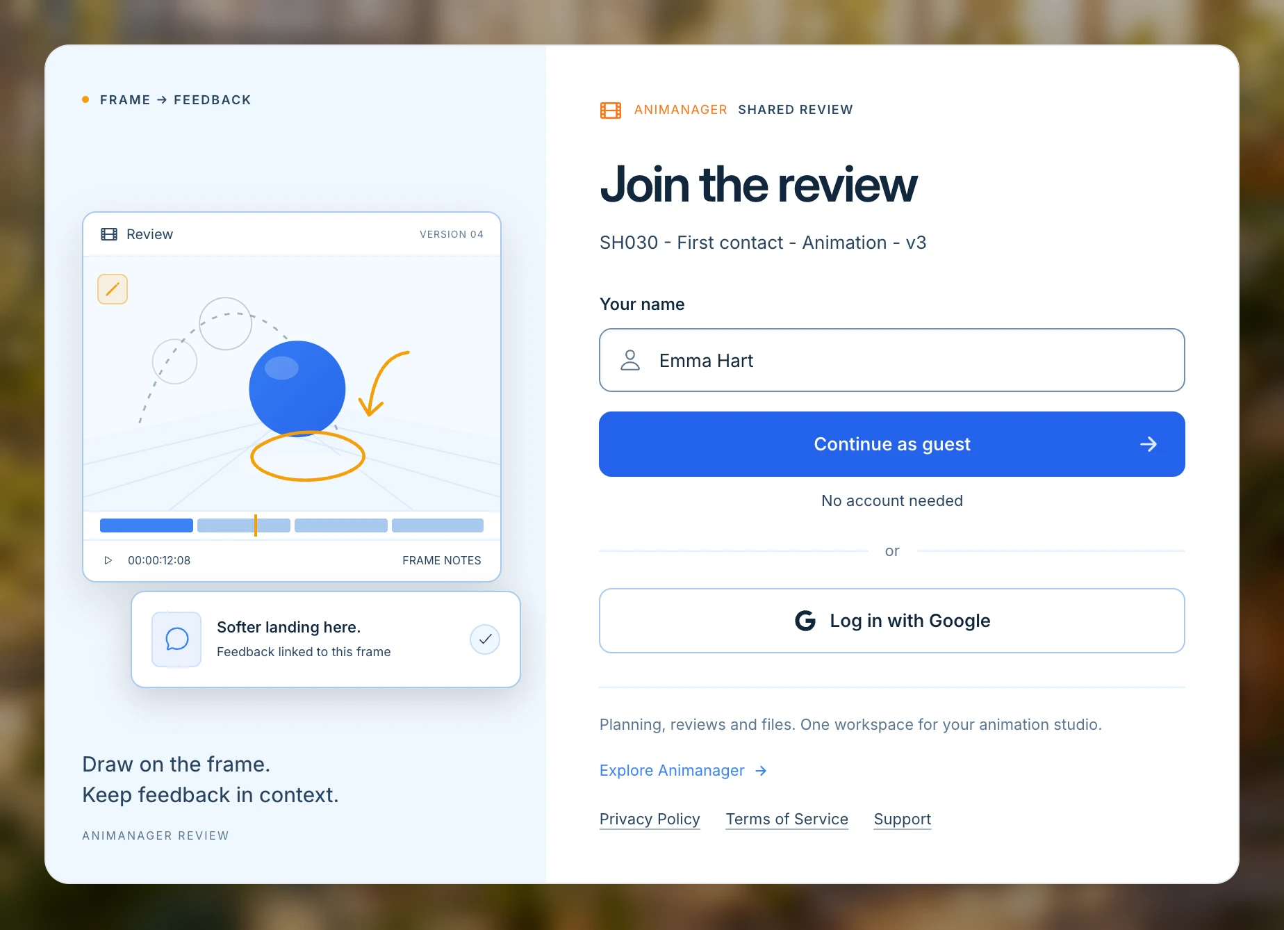 Join the review for SH030 - First contact - Animation - v3, with Emma Hart typed in Your name, Continue as guest, No account needed, and Log in with Google