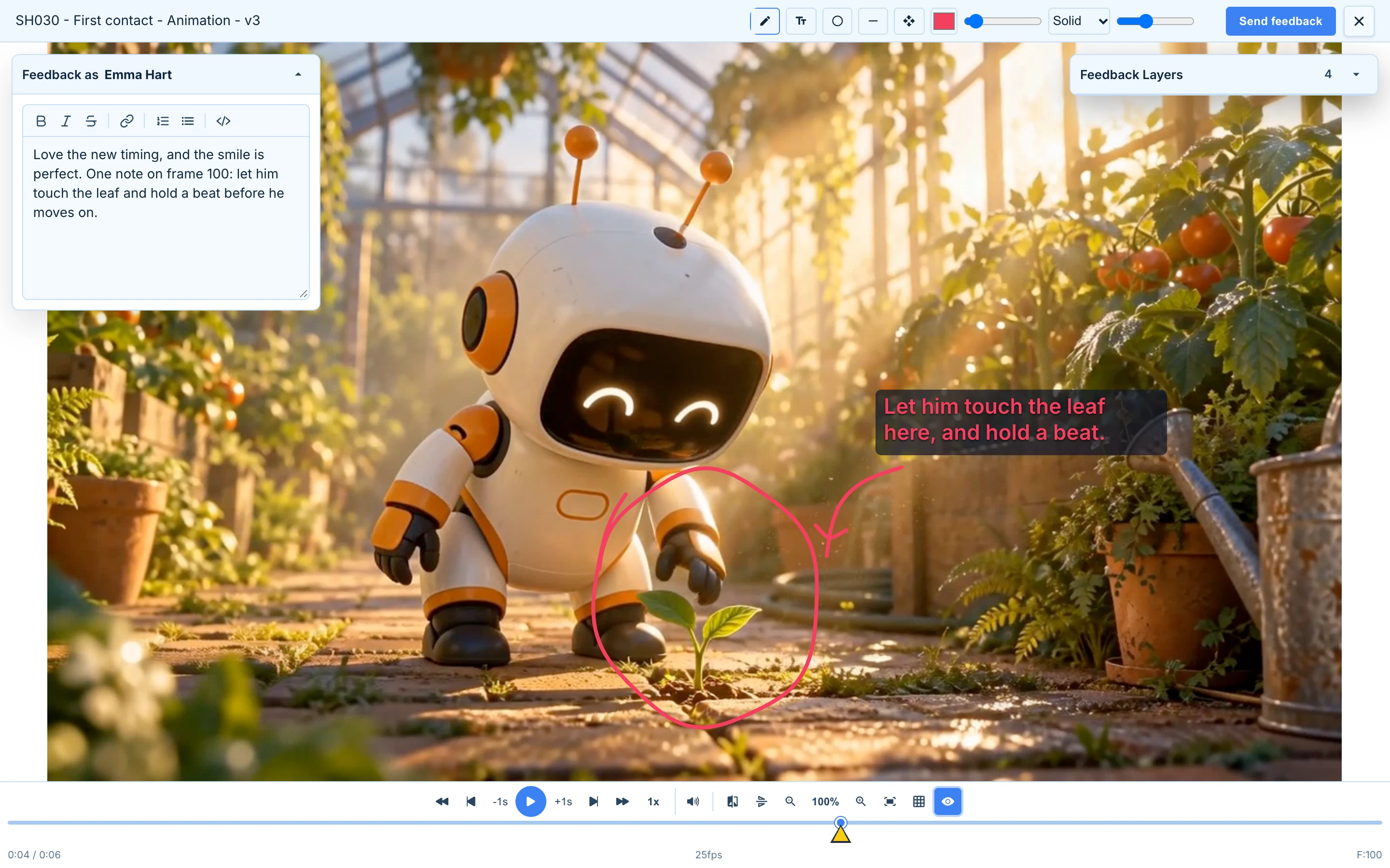 A review link open on frame 100 of a shot, with a circle, an arrow and a text note drawn on the frame and the client's notes in the feedback panel