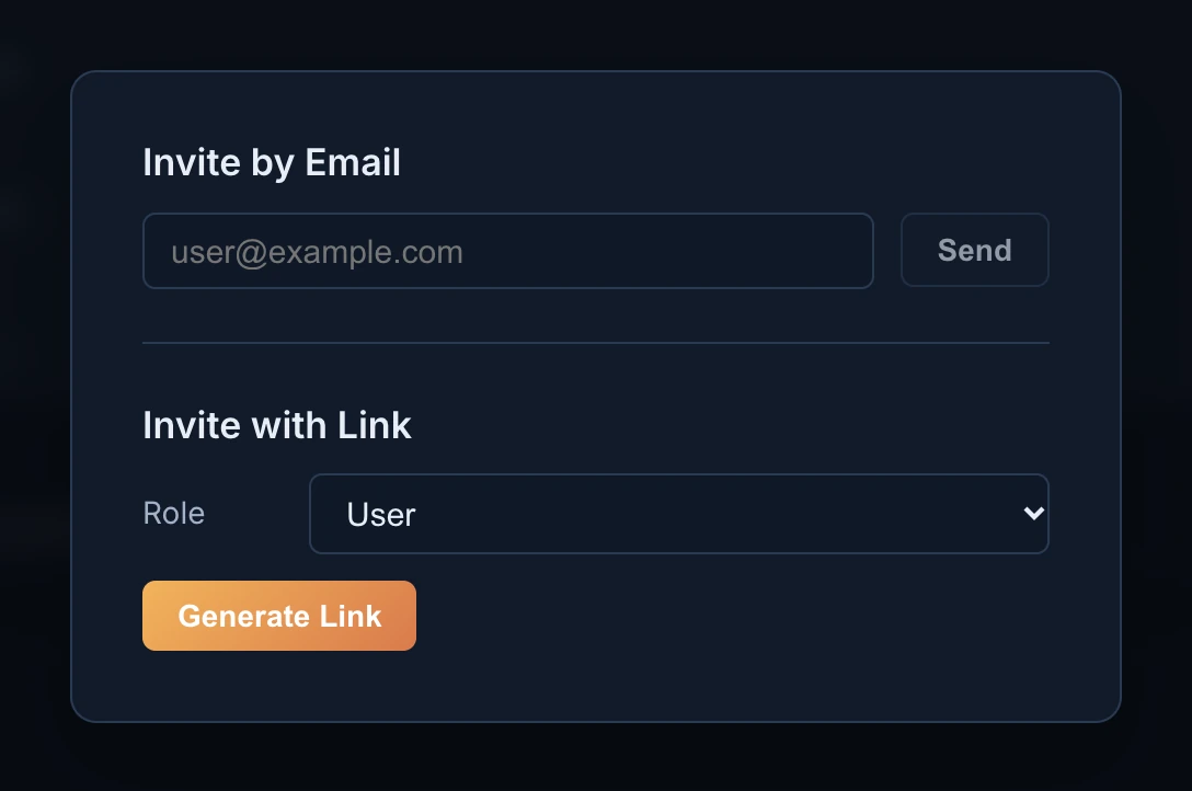The invite dialog with Invite with Link, the Role menu on User and the Generate Link button