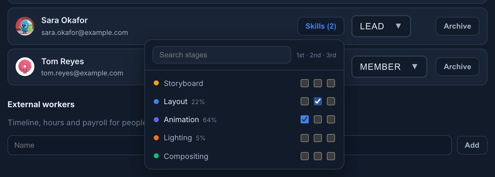 The Skills menu of Sara Okafor: Search stages, the 1st, 2nd and 3rd columns, Animation checked as 1st with 64%, Layout as 2nd with 22% and Lighting with 5%