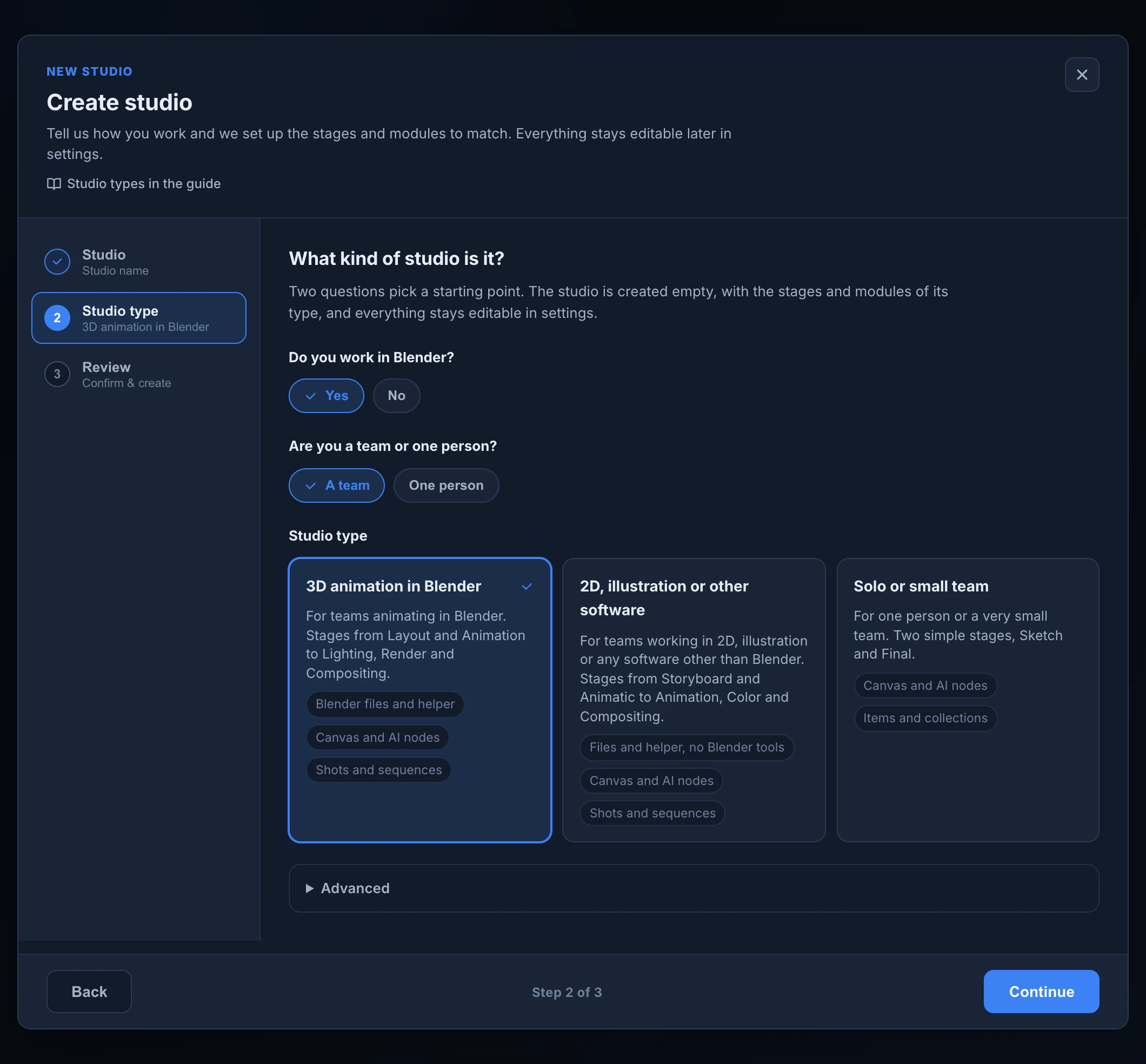 The Create studio wizard on its Studio type step, with Yes and A team answered and the 3D animation in Blender card selected next to the 2D and Solo cards
