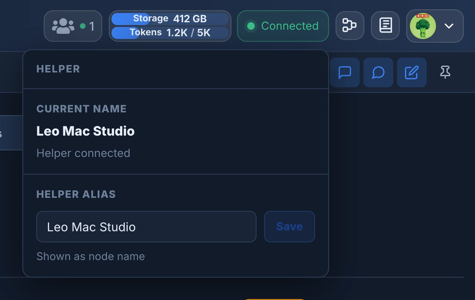 The header of Animanager with the Helper badge reading Connected and its popover open, showing the current name Leo Mac Studio, Helper connected, and the Helper alias field with Save