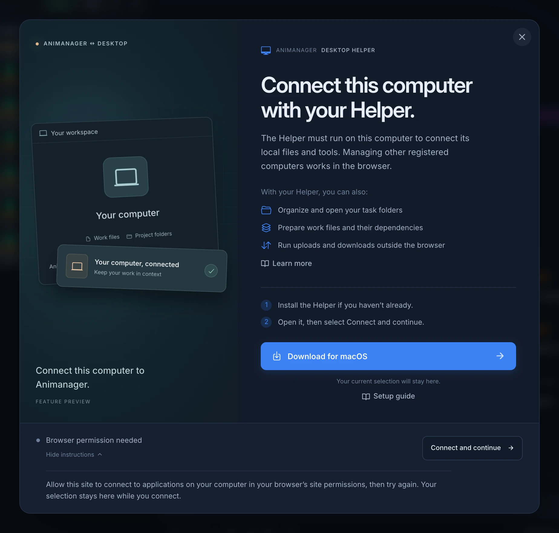 The Connect this computer with your Helper window: what the Helper adds, the two steps, Download for macOS, and at the bottom Browser permission needed with the instructions open and Connect and continue