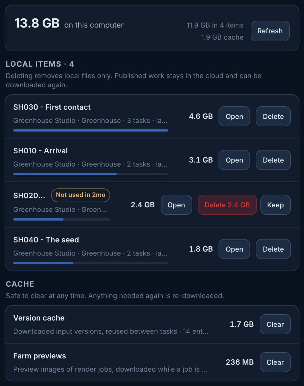 The right side of the Helper window: 13.8 GB on this computer, four local items from SH030 at 4.6 GB to SH040 at 1.8 GB, SH020 marked Not used in 2mo with Delete 2.4 GB and Keep, and the Version cache and Farm previews with Clear