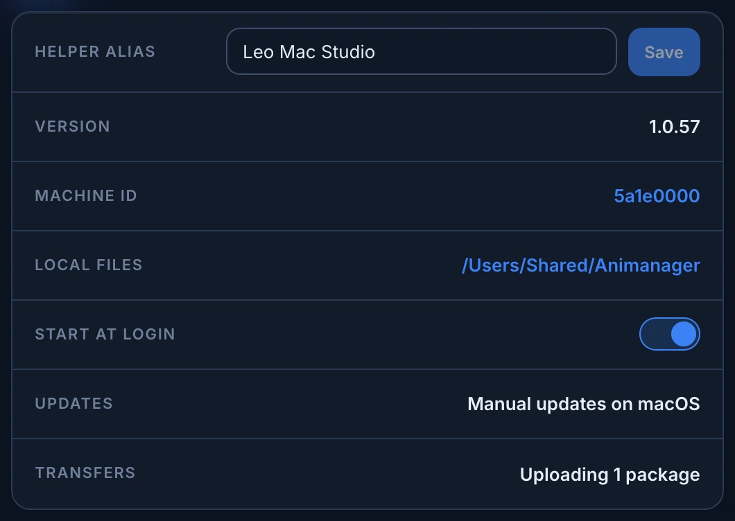 The status card of the Helper window: Helper alias Leo Mac Studio with Save, Version 1.0.57, Machine ID 5a1e0000, Local files /Users/Shared/Animanager, Start at login on, Updates Manual updates on macOS, Transfers Uploading 1 package