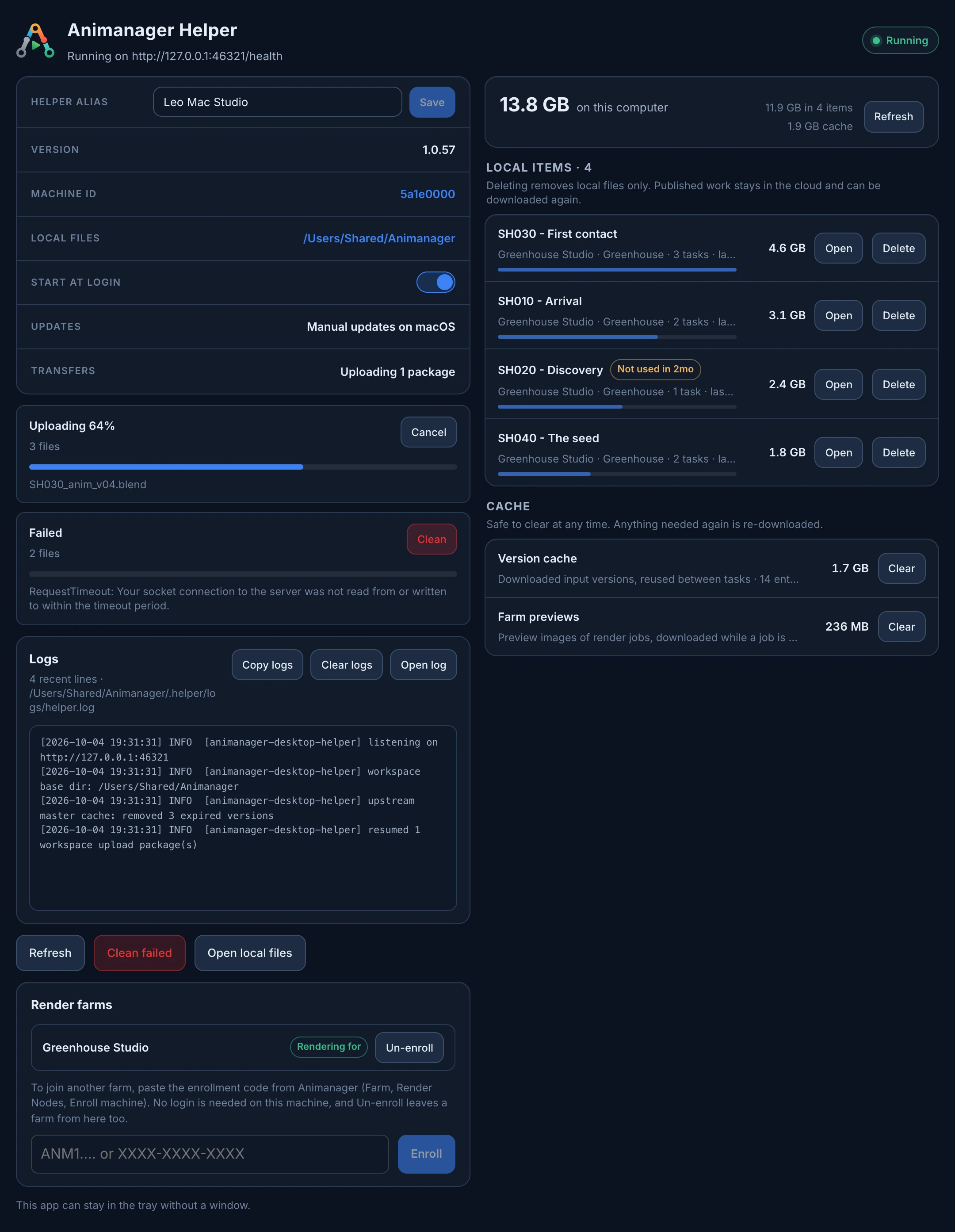 The Animanager Helper window: on the left the alias, version, machine ID, local files folder, Start at login, Updates and Transfers, an upload at 64 percent and a failed one, the logs, the action buttons and Render farms; on the right 13.8 GB on this computer, the local items and the cache
