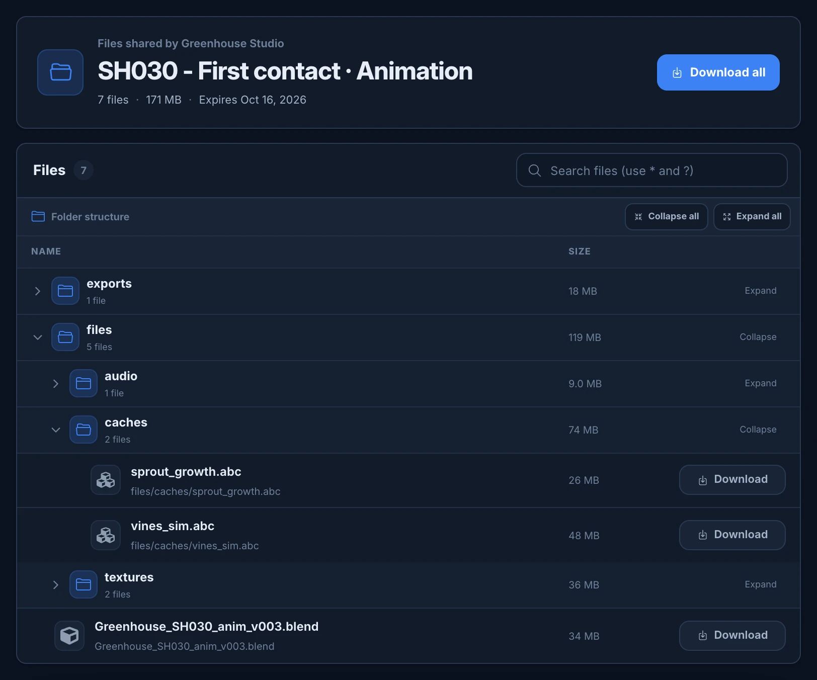 Files shared by Greenhouse Studio: SH030 - First contact · Animation, 7 files, 171 MB, expires in two weeks, Download all, the search box, Collapse all and Expand all, and the folders exports and files, with caches open showing sprout_growth.abc and vines_sim.abc with Download, and the .blend file