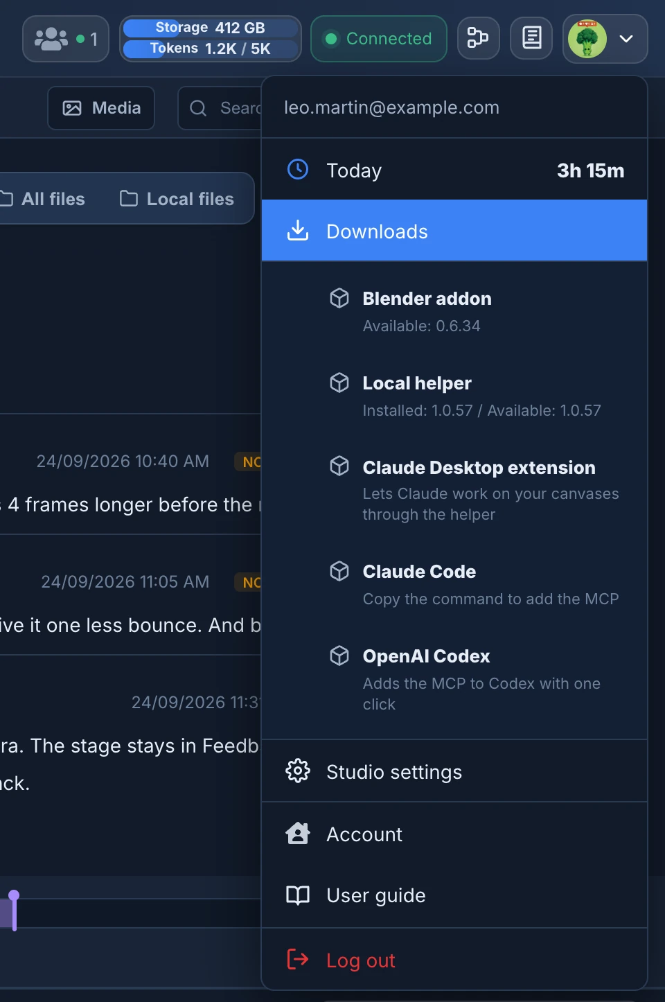 The profile menu of Animanager with Downloads open, listing the Claude Desktop extension, Claude Code and OpenAI Codex next to the Blender addon and the Local helper
