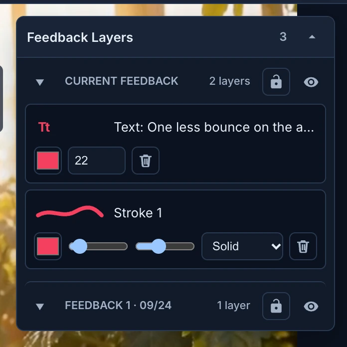 Feedback Layers with 3 layers: Current feedback with a text layer at size 22 and Stroke 1 with its color, width, smooth and Solid style, and below it Tom's sent feedback, Feedback 1 · 09/24, with 1 layer