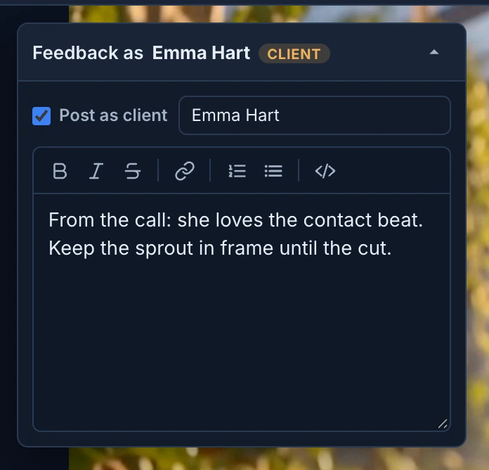 The notes panel with Post as client ticked, Emma Hart typed as the client name, the title Feedback as Emma Hart with a Client tag, and the notes from a phone call