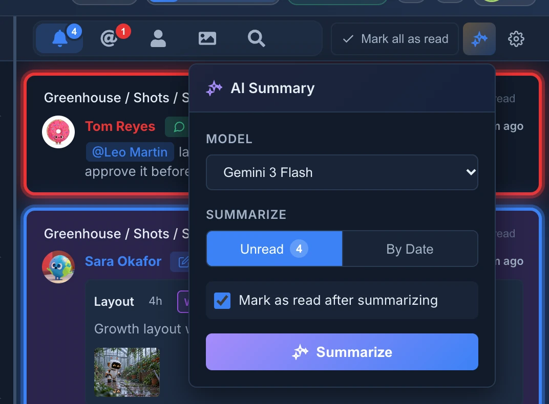 AI Summary open under the sparkles button: Model Gemini 3 Flash, Summarize set to Unread with 4, Mark as read after summarizing ticked, and the Summarize button