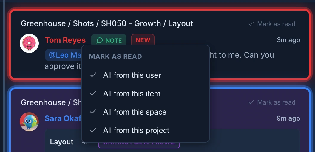 The right-click menu on Tom's unread card, titled Mark as read, with All from this user, All from this item, All from this space and All from this project
