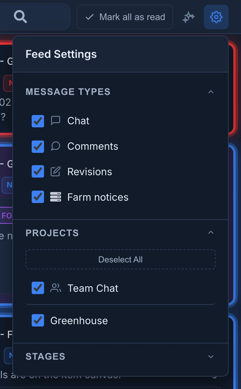 Feed Settings open under the gear of the Feed panel, with Chat, Comments, Revisions and Farm notices checked under Message Types, and Team Chat and the Greenhouse project checked under Projects