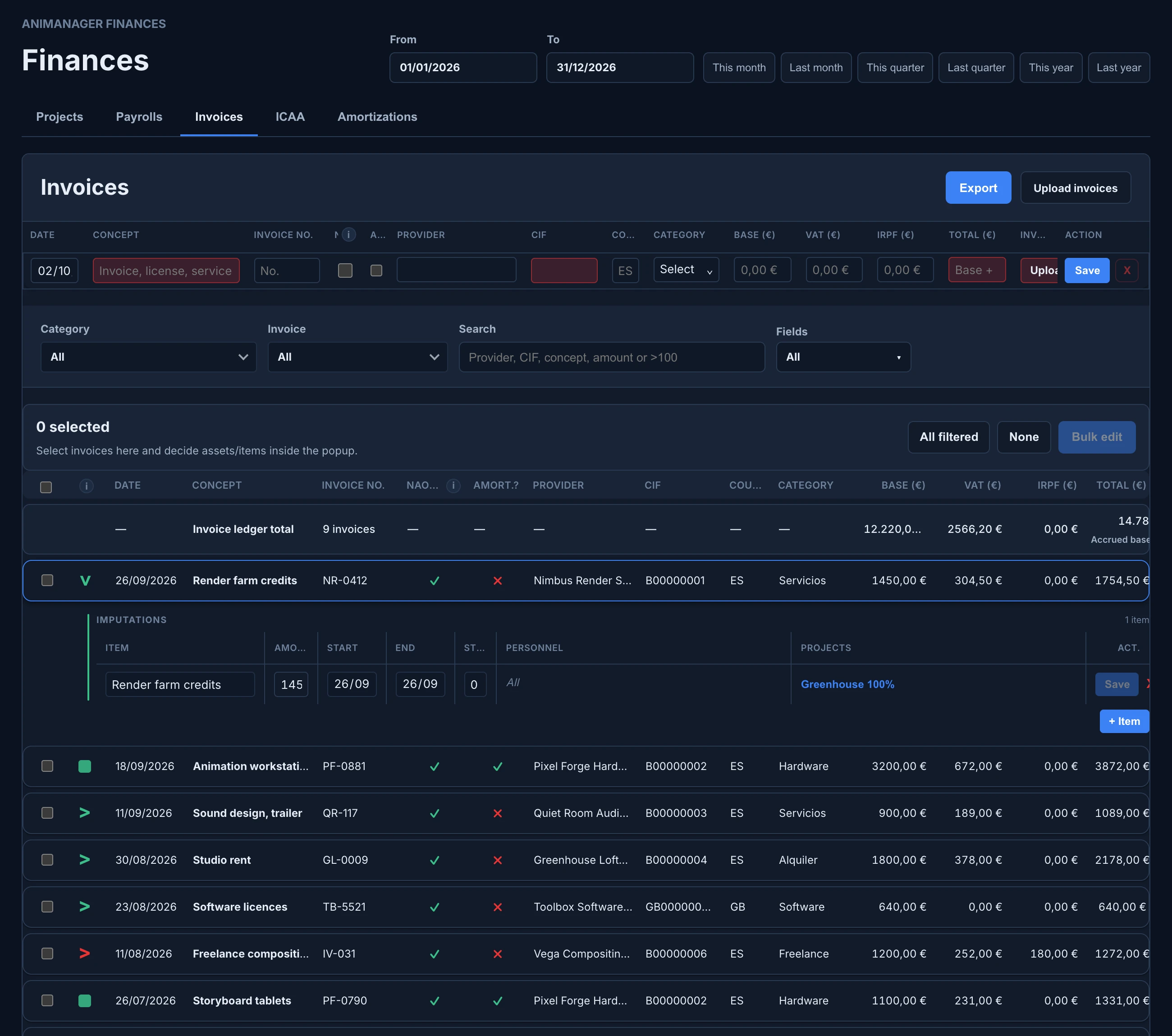 The Invoices tab of Finances: the Enter invoice row, the Category, Invoice, Search and Fields filters, the Invoice ledger total of 9 invoices, Render farm credits expanded with its Imputations card sending it 100% to Greenhouse, two amortizable hardware invoices with a green square, and a freelance invoice with a red marker