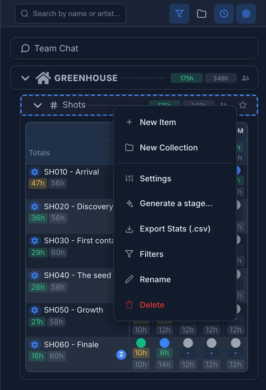 The Tree with the Greenhouse project and its Shots space open as a grid of six shots by five stages, and the menu of the space open with New Item, New Collection, Settings, Generate a stage, Export Stats, Filters, Rename and Delete