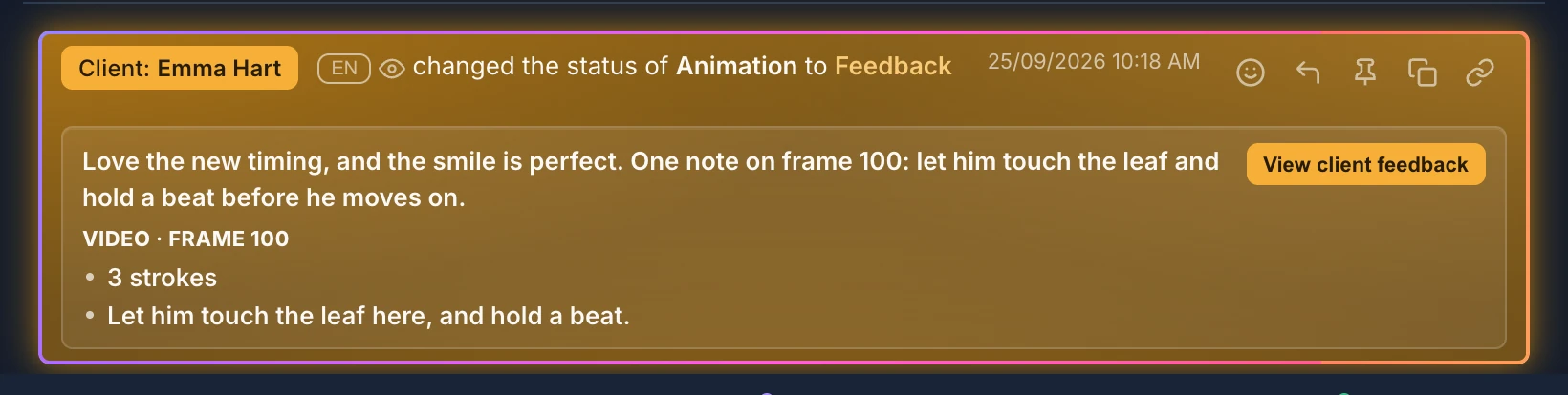Emma Hart's feedback in the SH030 Animation thread: Client: Emma Hart changed the status of Animation to Feedback, her notes, VIDEO · FRAME 100 with 3 strokes and her text, and View client feedback