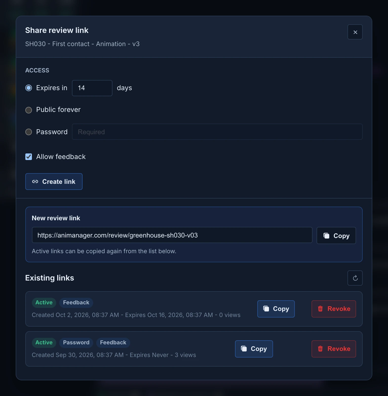 The Share review link dialog of SH030 Animation v3, with Access set to Expires in 14 days, Allow feedback on, a new review link ready to copy and the list of existing links