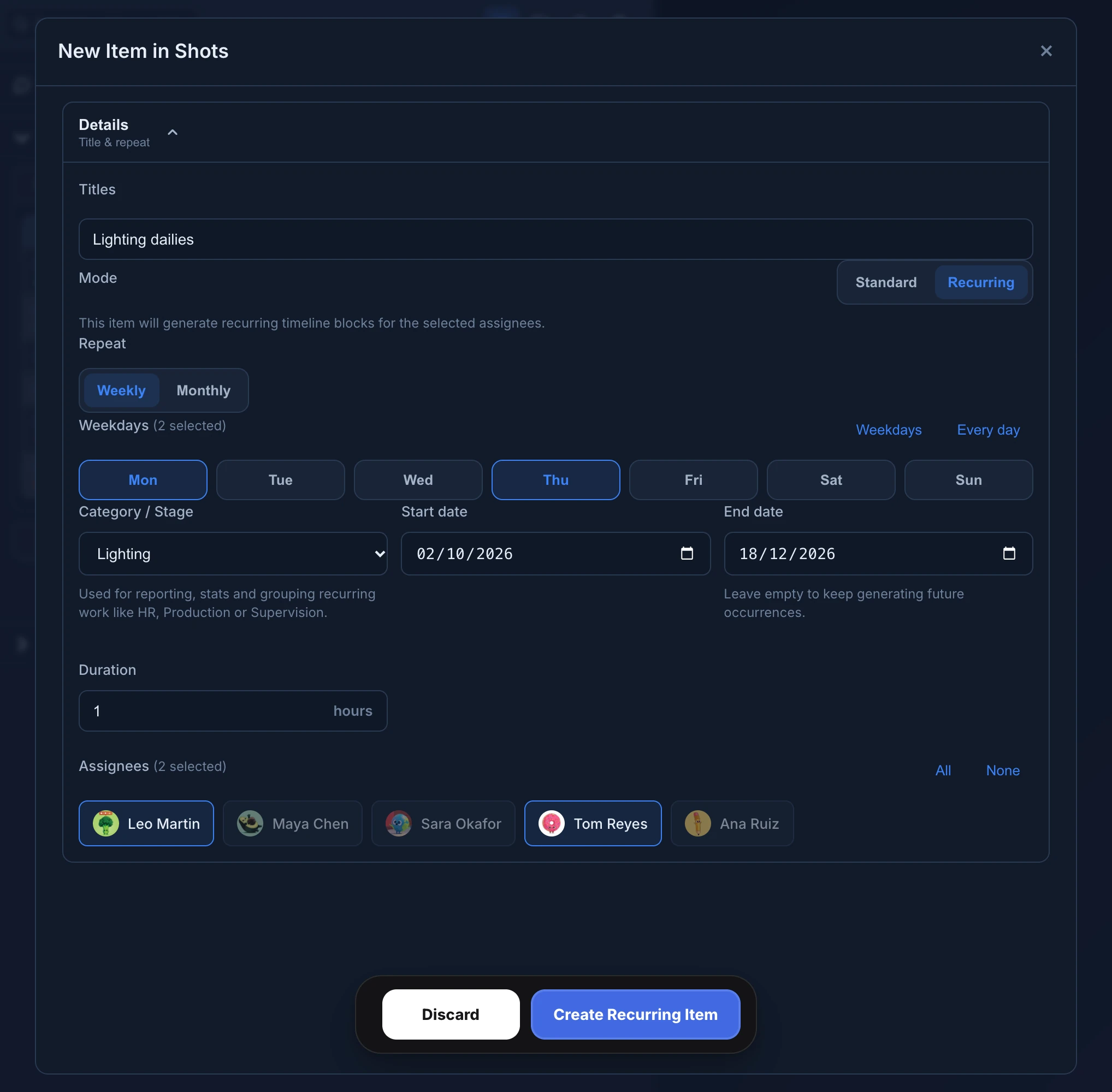 The New Item in Shots dialog in Recurring mode: Lighting dailies, weekly on Monday and Thursday, category Lighting, a start and an end date, one hour, assigned to Leo Martin and Tom Reyes