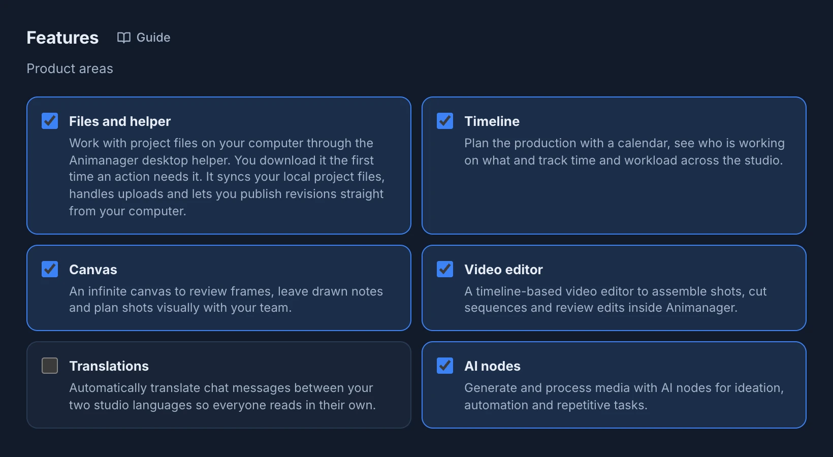 Features in Settings with Files and helper, Timeline, Canvas, Video editor and AI nodes checked and Translations cleared
