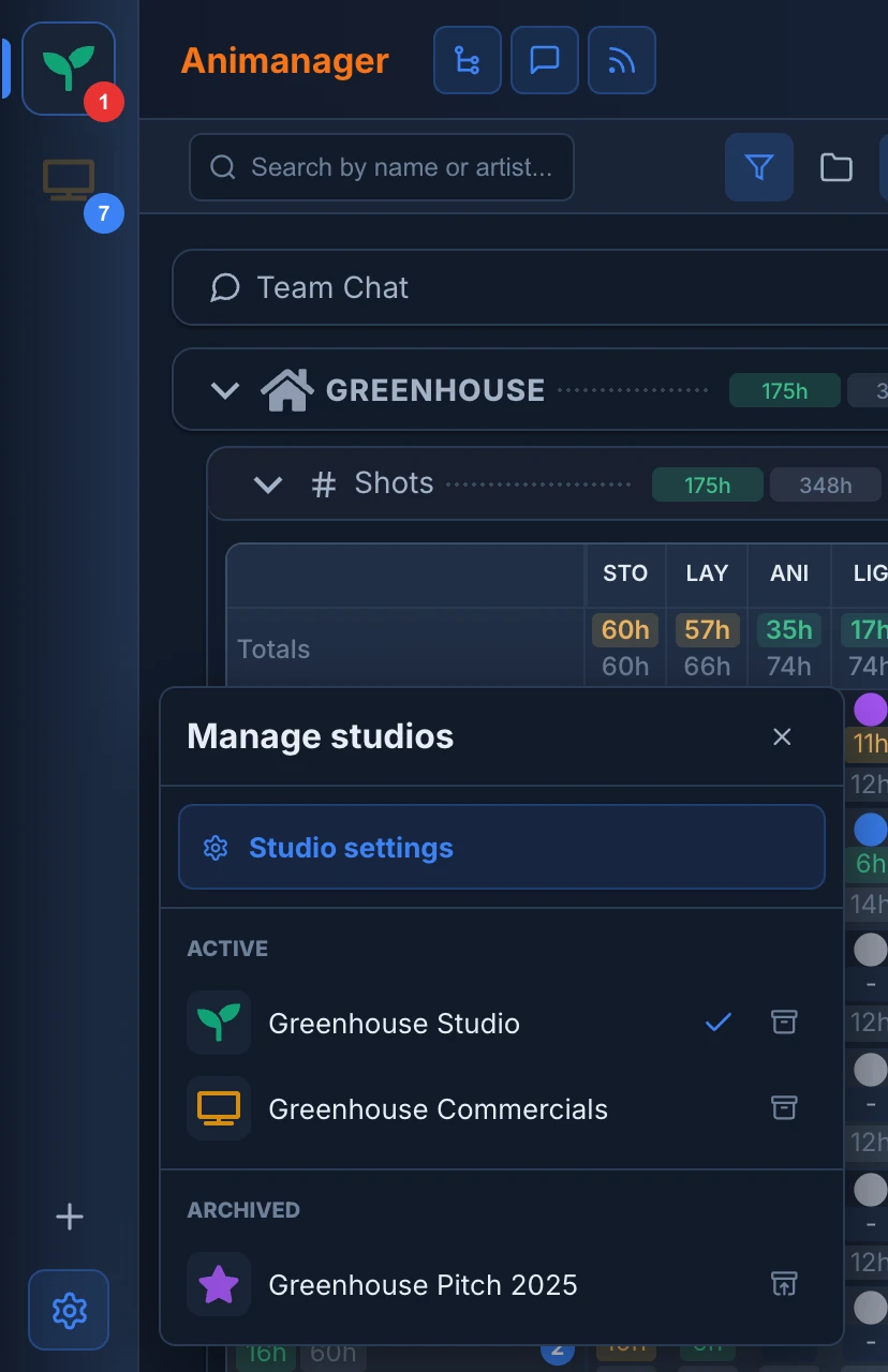 The studio rail with Greenhouse Studio selected and a mention badge, Greenhouse Commercials with seven unread messages, and the Manage studios panel open with Studio settings, two active studios and one archived studio