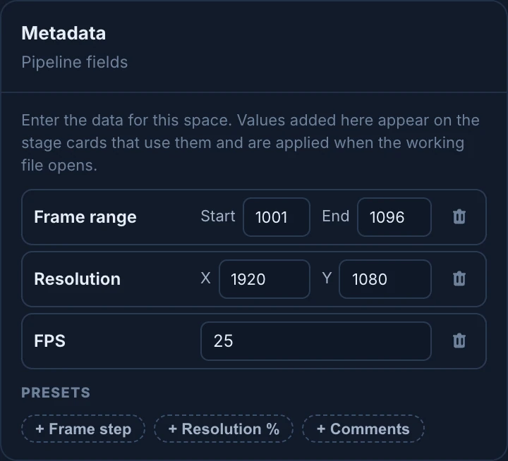 The Metadata card of the Shots space: Frame range from 1001 to 1096, Resolution 1920 by 1080 and FPS 25, and the presets Frame step, Resolution % and Comments still available
