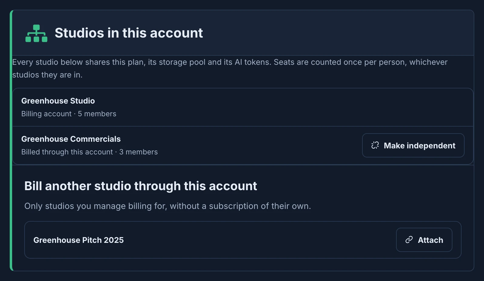 Studios in this account: Greenhouse Studio as the billing account with 5 members, Greenhouse Commercials billed through it with 3 members and Make independent, and Greenhouse Pitch 2025 under Bill another studio through this account with Attach