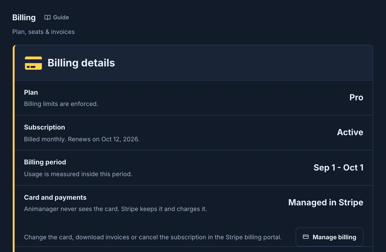 The Billing section of Settings for a Pro studio, with its plan, its active monthly subscription, the billing period, the card managed in Stripe and the Manage billing button