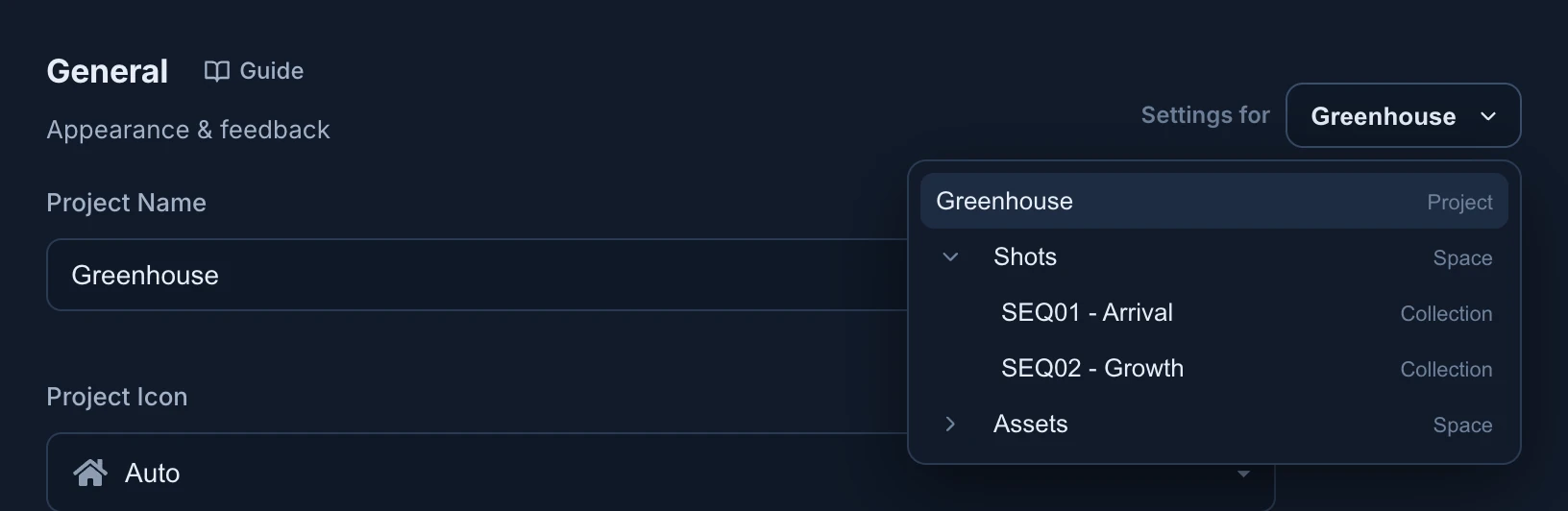 Settings for open on the Greenhouse project: Greenhouse marked Project, the Shots space open with its collections SEQ01 - Arrival and SEQ02 - Growth, and the Assets space