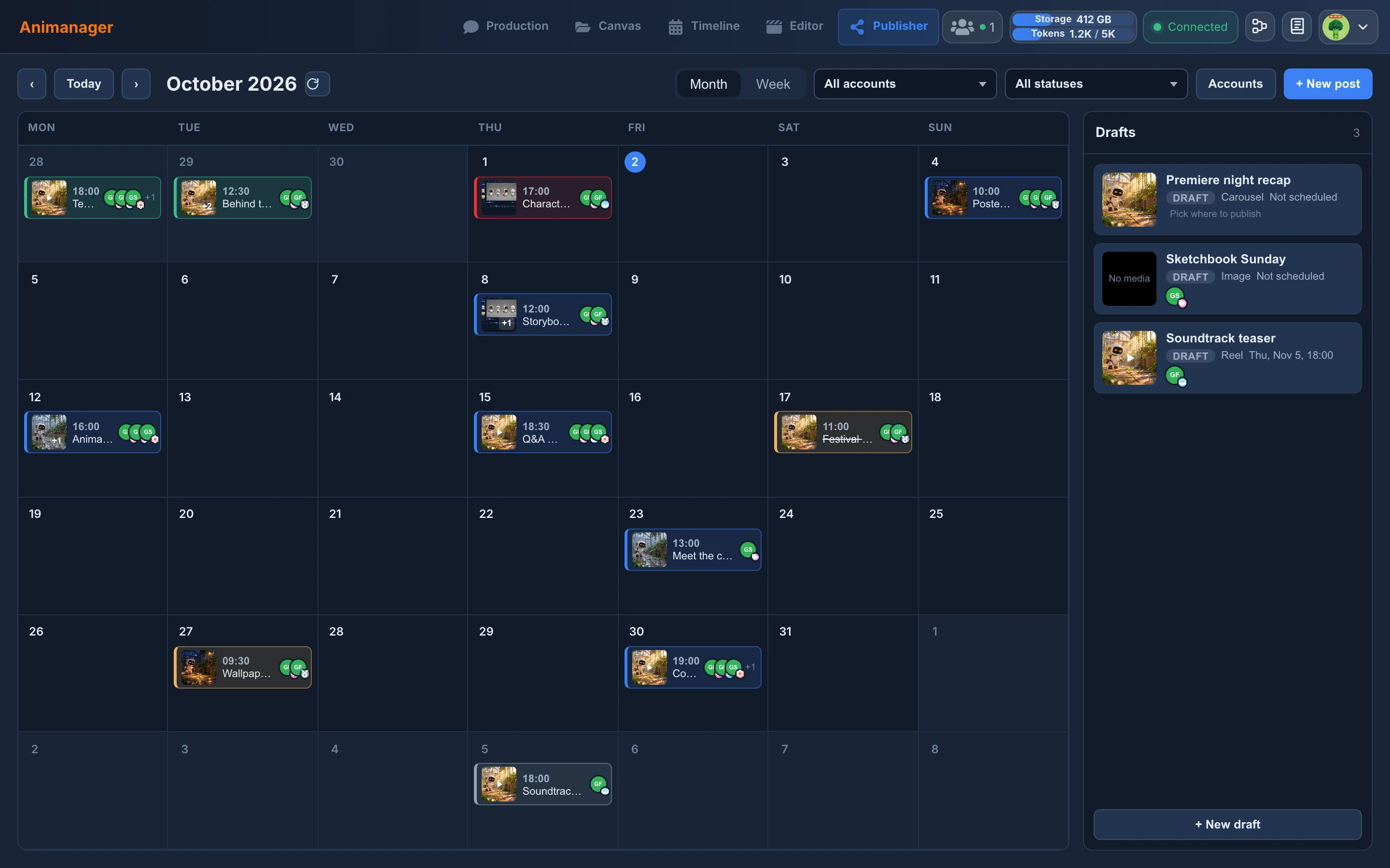 The Publisher calendar of Greenhouse Studio in Month view: posts with their time, cover and accounts, green for published, blue for scheduled, red for an error, orange for one that needs attention and a struck-through canceled one, and the Drafts tray with three drafts and + New draft