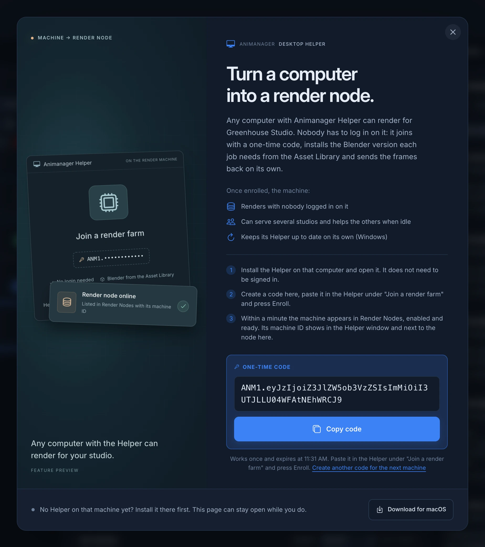 The Turn a computer into a render node dialog for Greenhouse Studio: what an enrolled machine does, the three steps, a one-time code starting with ANM1 and Copy code, the time it expires, and Download for macOS