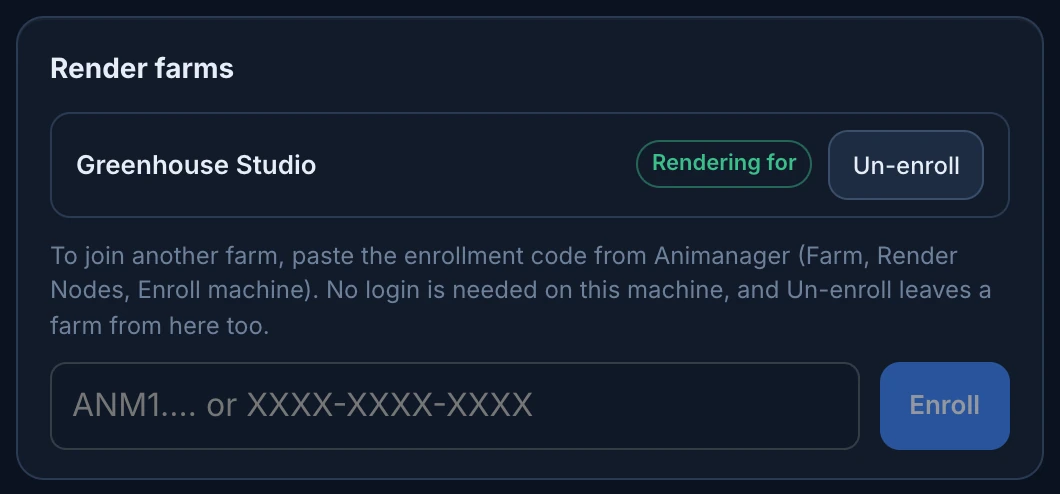 Render farms in the Helper window: Greenhouse Studio marked Rendering for, with Un-enroll, the hint about enrollment codes, and the code field with Enroll