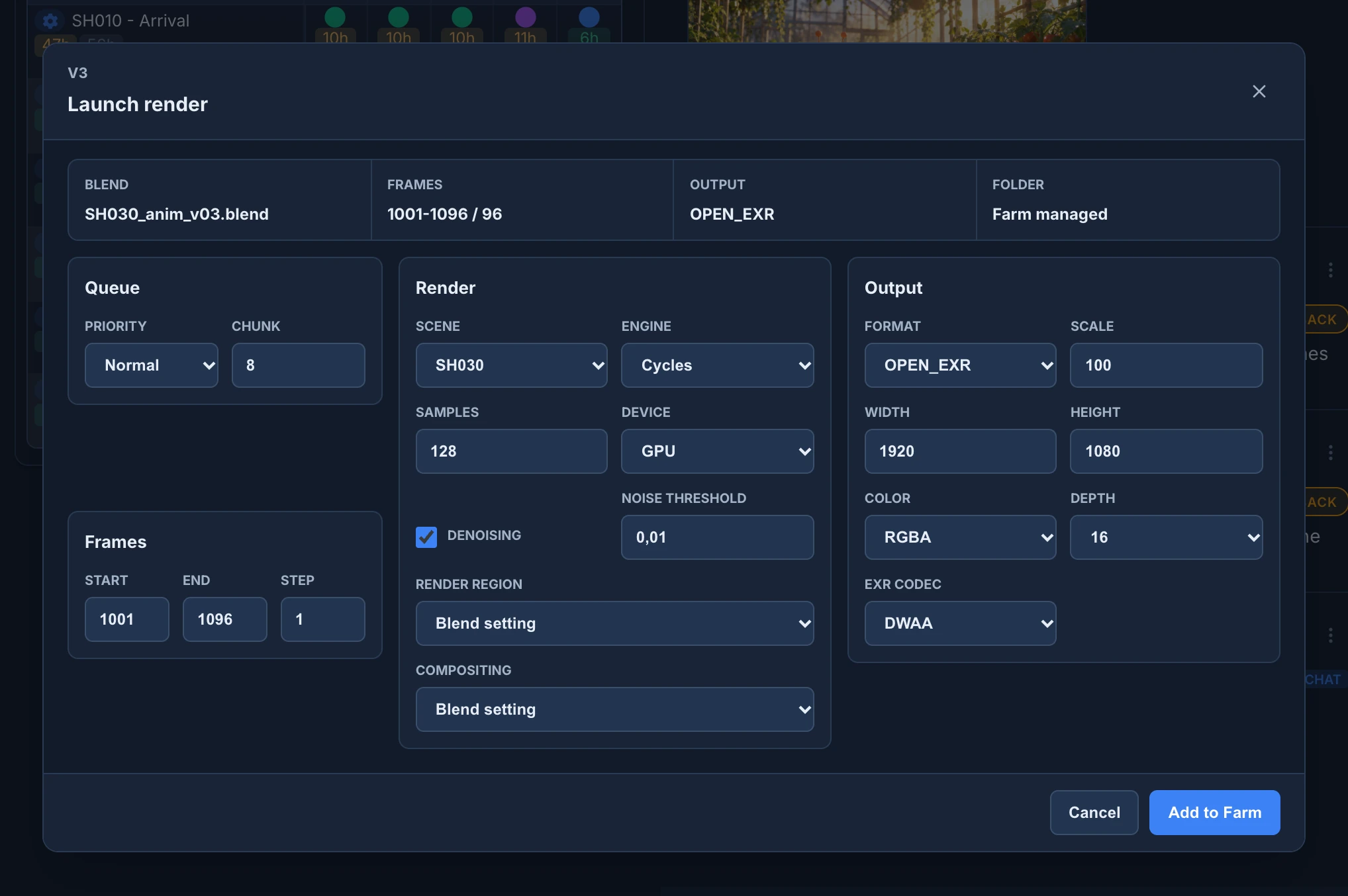 The Launch render dialog of version 3 of SH030 with the Queue, Frames, Render and Output settings of the scene, 96 frames from 1001 to 1096, and Add to Farm