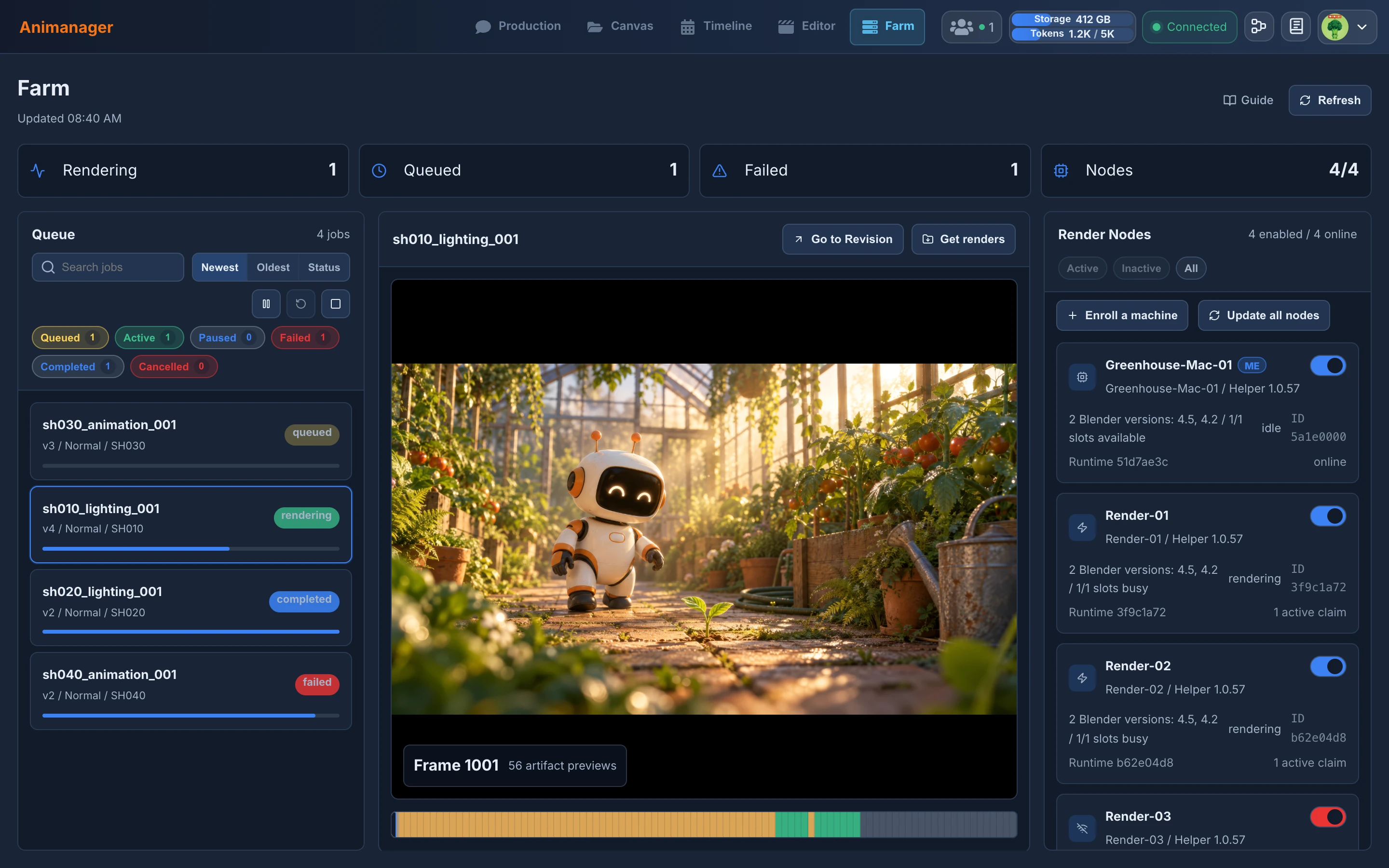The Farm page with the Rendering, Queued, Failed and Nodes tiles, four render jobs in the queue, the Lighting render of SH010 selected with the preview of a frame, and the Render Nodes list with Greenhouse-Mac-01, Render-01, Render-02 and Render-03
