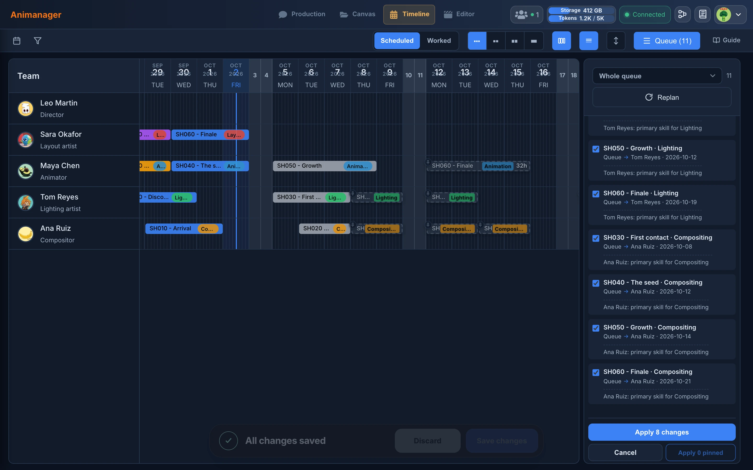The Timeline zoomed out with the Replan proposal open in the queue: dashed preview cards for Lighting, Animation and Compositing in the next two weeks, the list of changes with the person, the date and the reason of each, and Apply 8 changes, Cancel and Apply 0 pinned