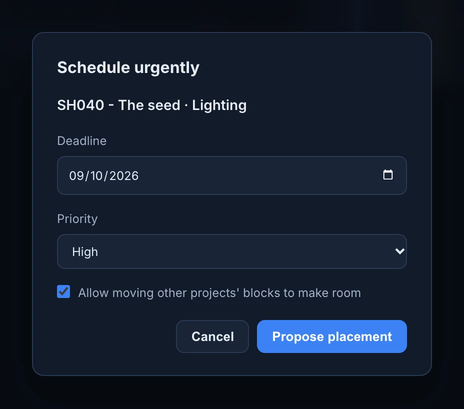 The Schedule urgently dialog for SH040 - The seed · Lighting, with a Deadline next week, Priority High, Allow moving other projects' blocks to make room ticked, and Cancel and Propose placement