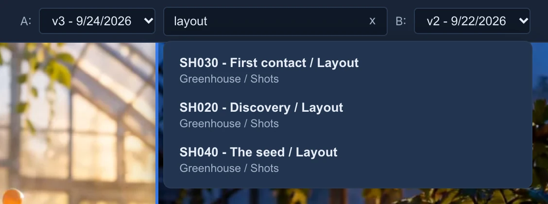 The item + stage search of compare with layout typed, listing SH030 - First contact / Layout, SH020 - Discovery / Layout and SH040 - The seed / Layout, each with Greenhouse / Shots under it