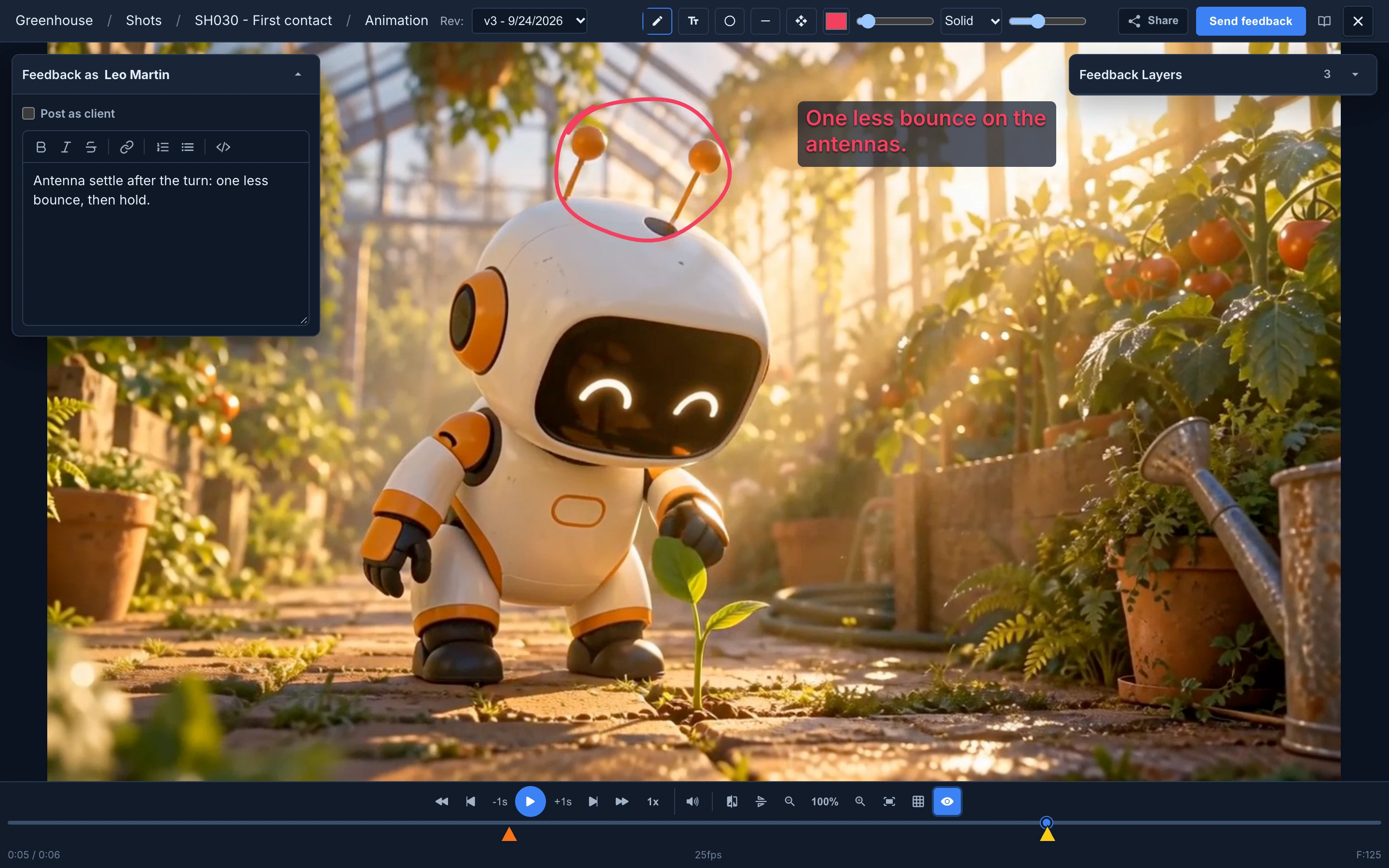 Review mode on version 3 of SH030 Animation with Feedback on: the drawing tools in the header, a loop around the robot's antennas and a text note on frame 125, the notes panel of Leo Martin, Send feedback, and two feedback markers under the timeline